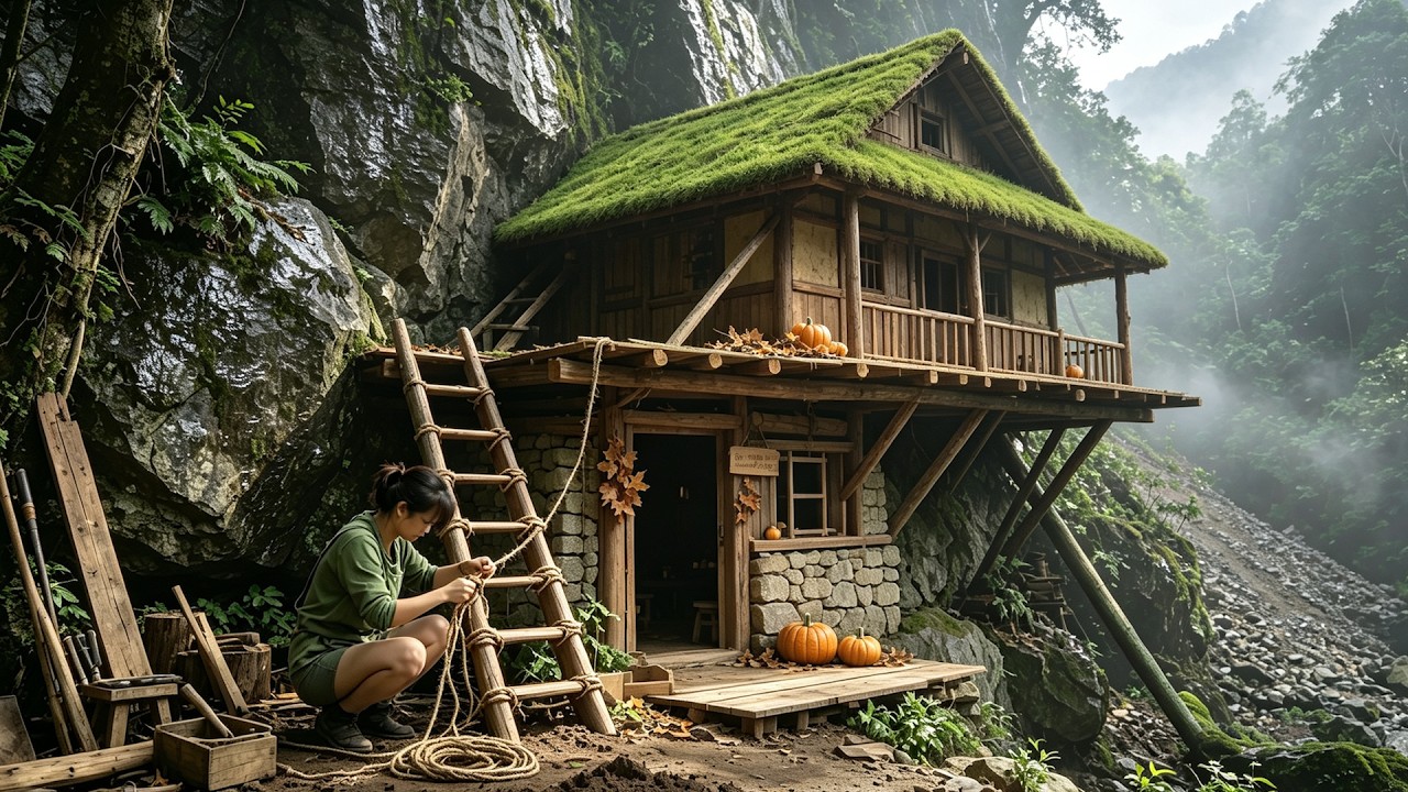 2‑Day Solo Bushcraft Building A Cozy Forest Hut For Halloween｜Spooky Night Alone In The Wild