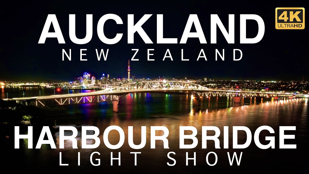 Auckland New Zealand, Harbour Bridge Light Show | 4k drone view