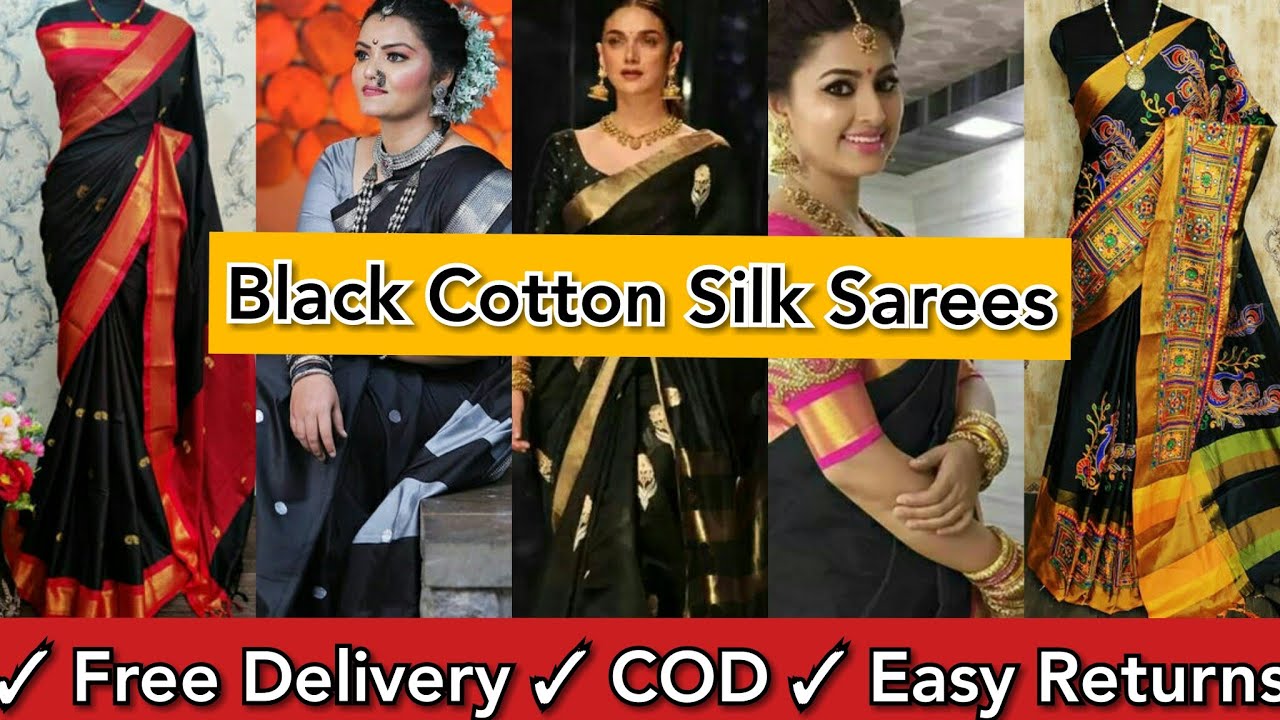 Black Cotton Silk Saree Designs with Price&spades;Women Black Sarees&spades;Free Delivery COD-Deep Fashions 😘