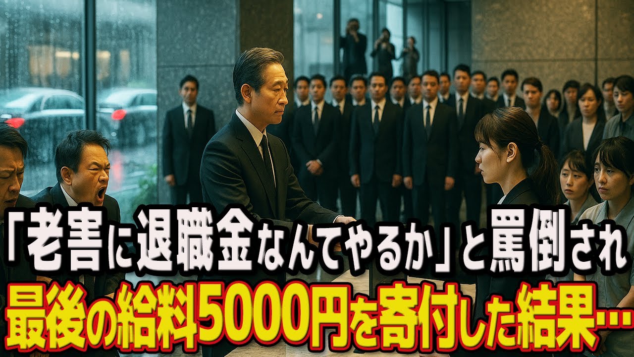 退職金ゼロ円の清掃員が最後の給料5000円を寄付。翌朝、黒塗りの車20台が会社を包囲すると…