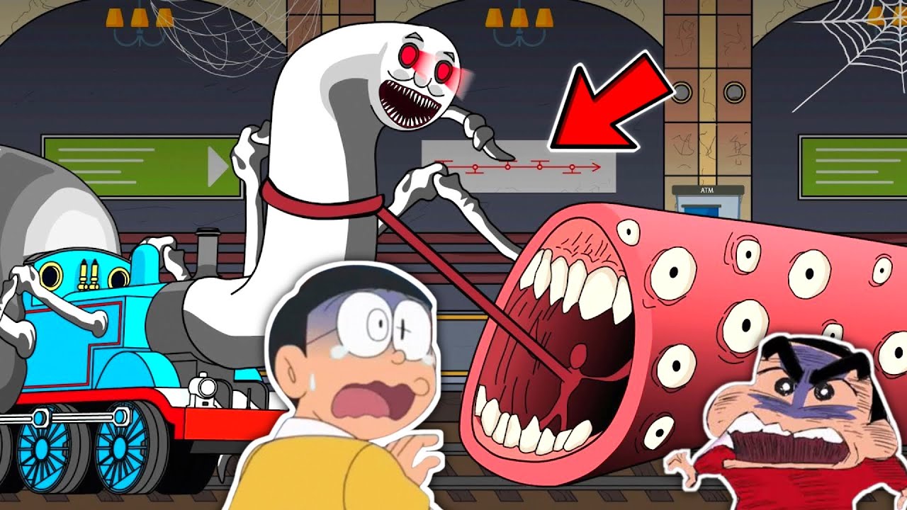 CURSED THOMAS THE TRAIN VS TRAIN EATER! With Shinchan And Nobita