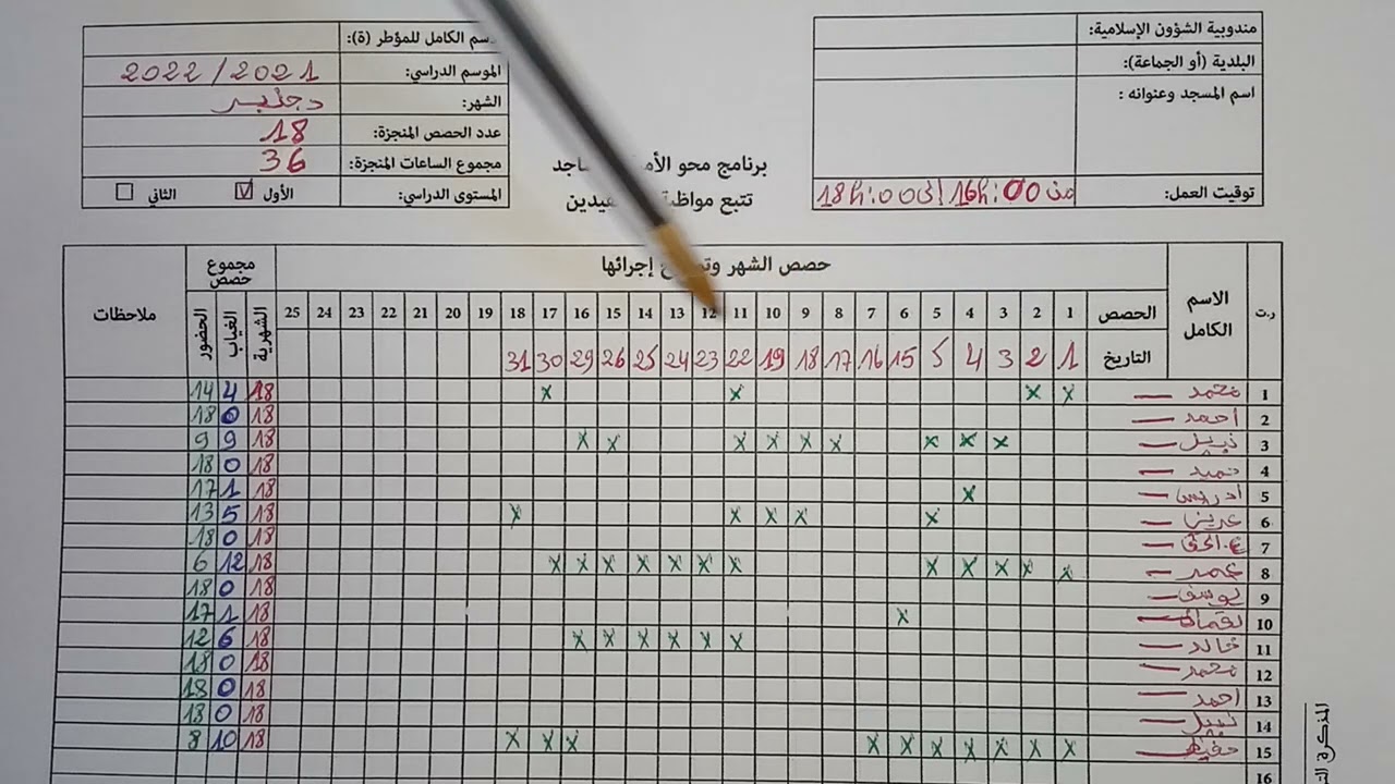 كيفة ملء وثيقة تتبع مواظبة المستفيدين