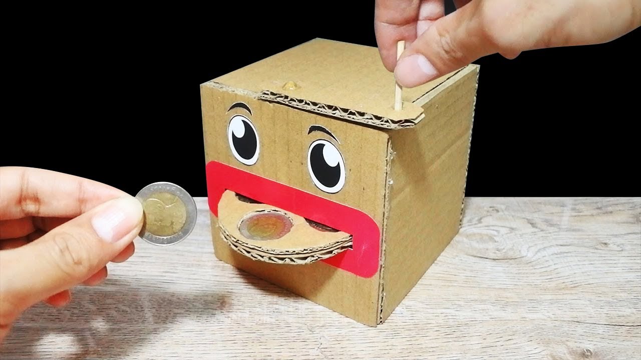 DIY ออมสินจานหมุนเหรียญ ทำจากลังกระดาษ | How to Make Coin Bank Box from Cardboard