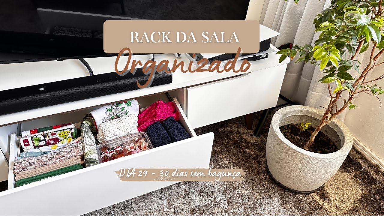 #30diassembagunça - DIA 29 - Como Organizar Estante e Rack da Sala #organização #salaorganizada