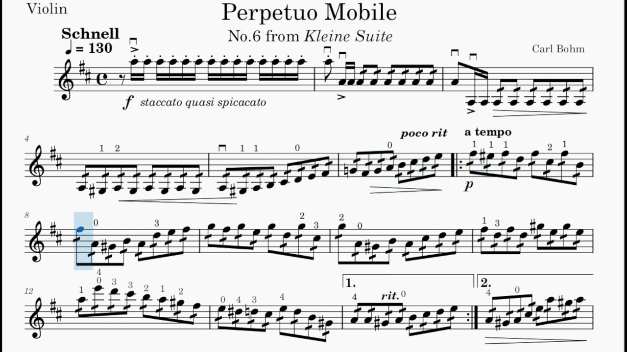 Bohm Perpetuo Mobile 130 BPM Practice Video. Violin and Piano Accompaniment. Play Along Sheet Music