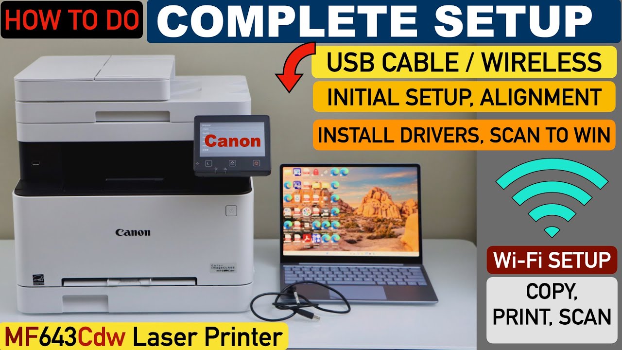 Настройка Canon ImageClass MF643Cdw, настройка по USB или беспроводной сети, выравнивание, установка в Windows, сканирование на компьютер.