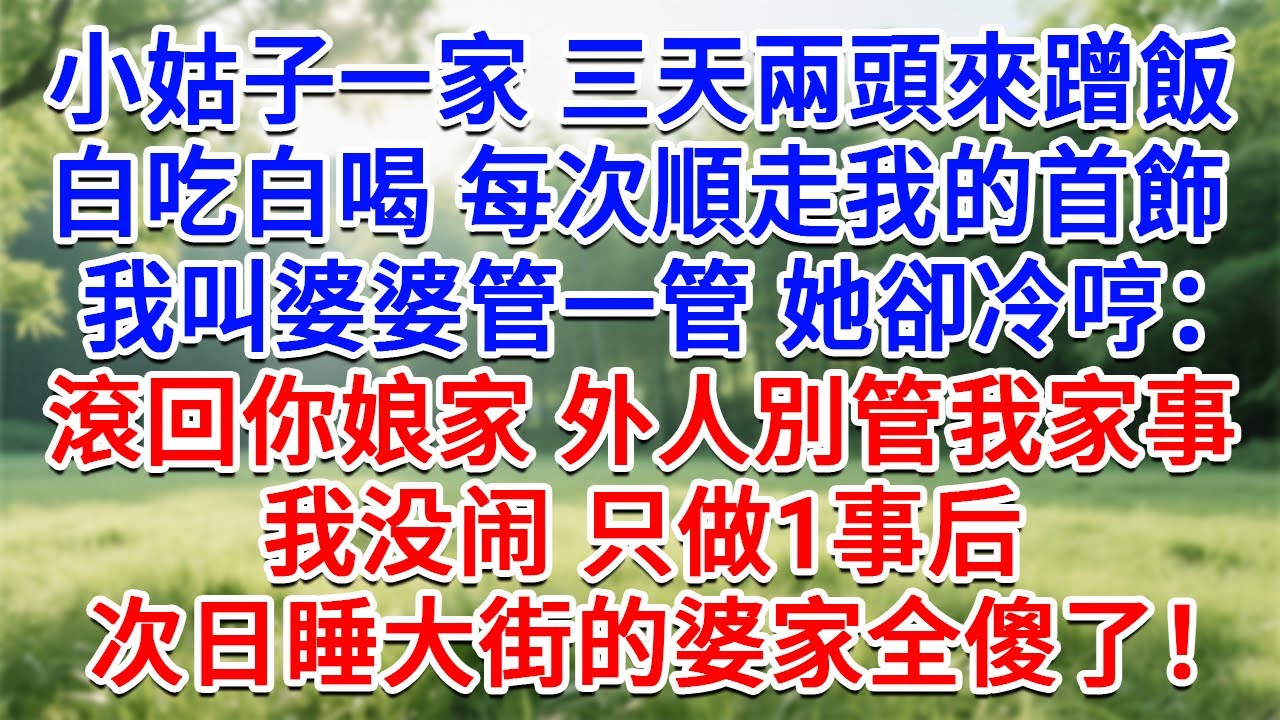 小姑子一家三天兩頭來蹭飯，白吃白喝 每次順走我的首飾，我叫婆婆管一管 她卻冷哼：滾回你娘家去，外人別管我家務事！我没闹 只做1事后。次日睡大街的婆家全傻了！#情感故事#故事#小說#戀愛#情感#婚姻