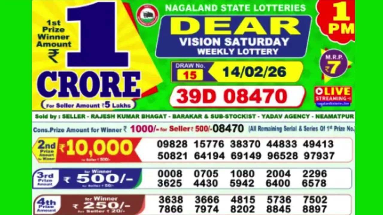 DEAR VISION SATURDAY WEEKLY LOTTERY TODAY RESULT 1 PM 14/02/26#latest lottery result