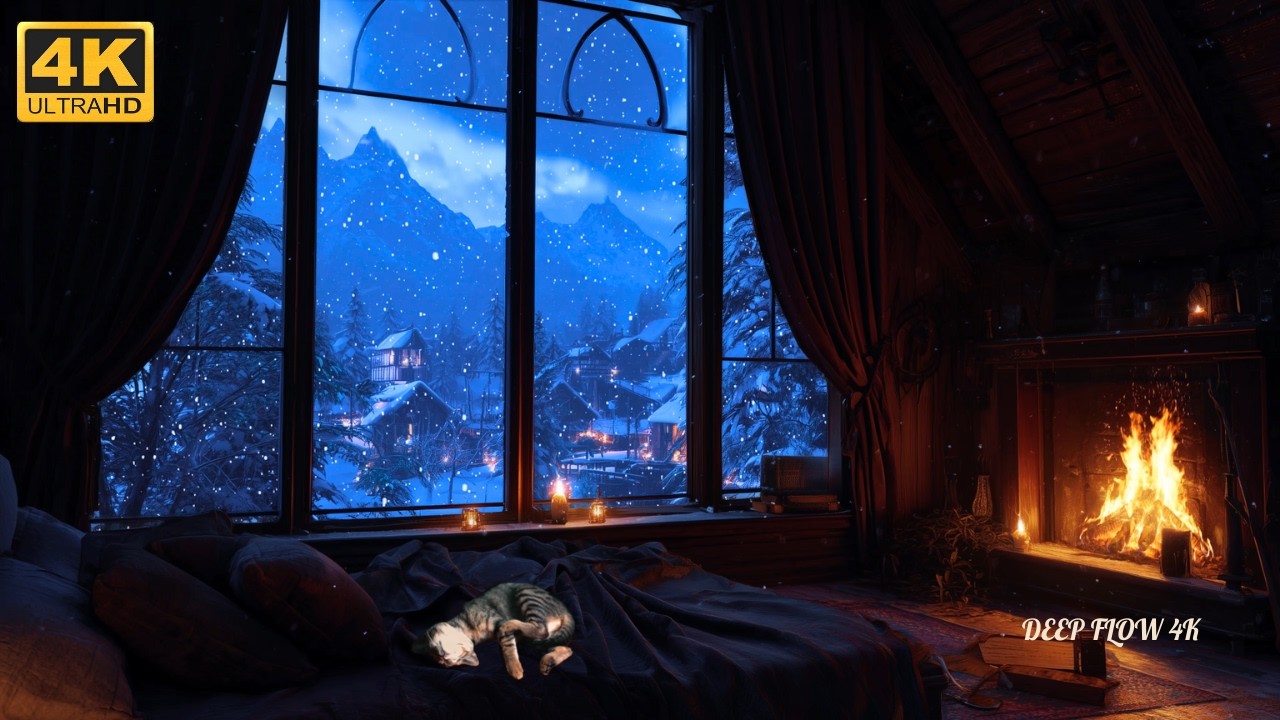 🔥 4K Fireplace Ambience ❄️ Snowy Mountain Cabin Night for Deep Sleep & Study