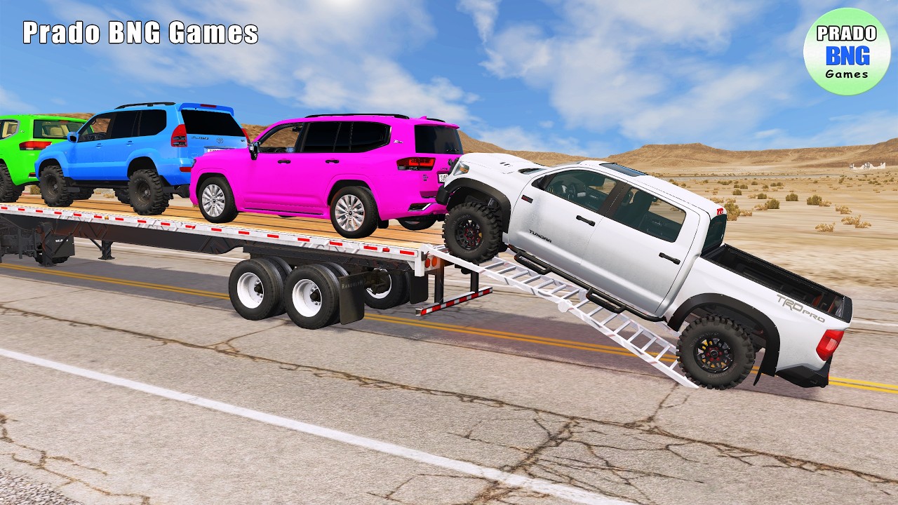 Toyota, Mercedes, Tractor, and Man Flatbed Truck vs Train – BeamNG.drive 453