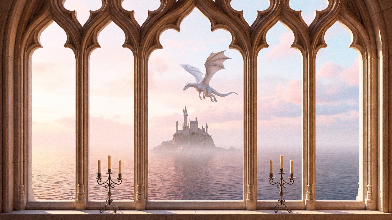 Medieval Castle Window Ambience 🐉 | Dragon Flying Over the Sea, Relaxing Music for Study & Sleep
