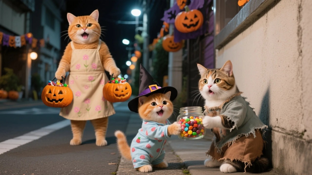 Mama Cat Makes Halloween Candy 🍬🍭 | Ginger Kitten Shares It With Stray Cats 🎃 | Funny Cat Videos