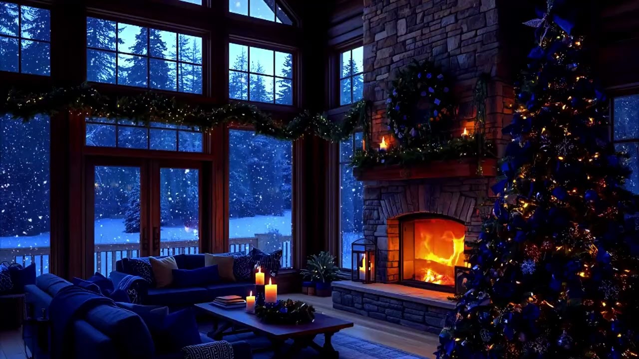 Silent Night Christmas Cabin Warm Stone Fireplace, Candlelight, Snowy Forest Views (No Music)