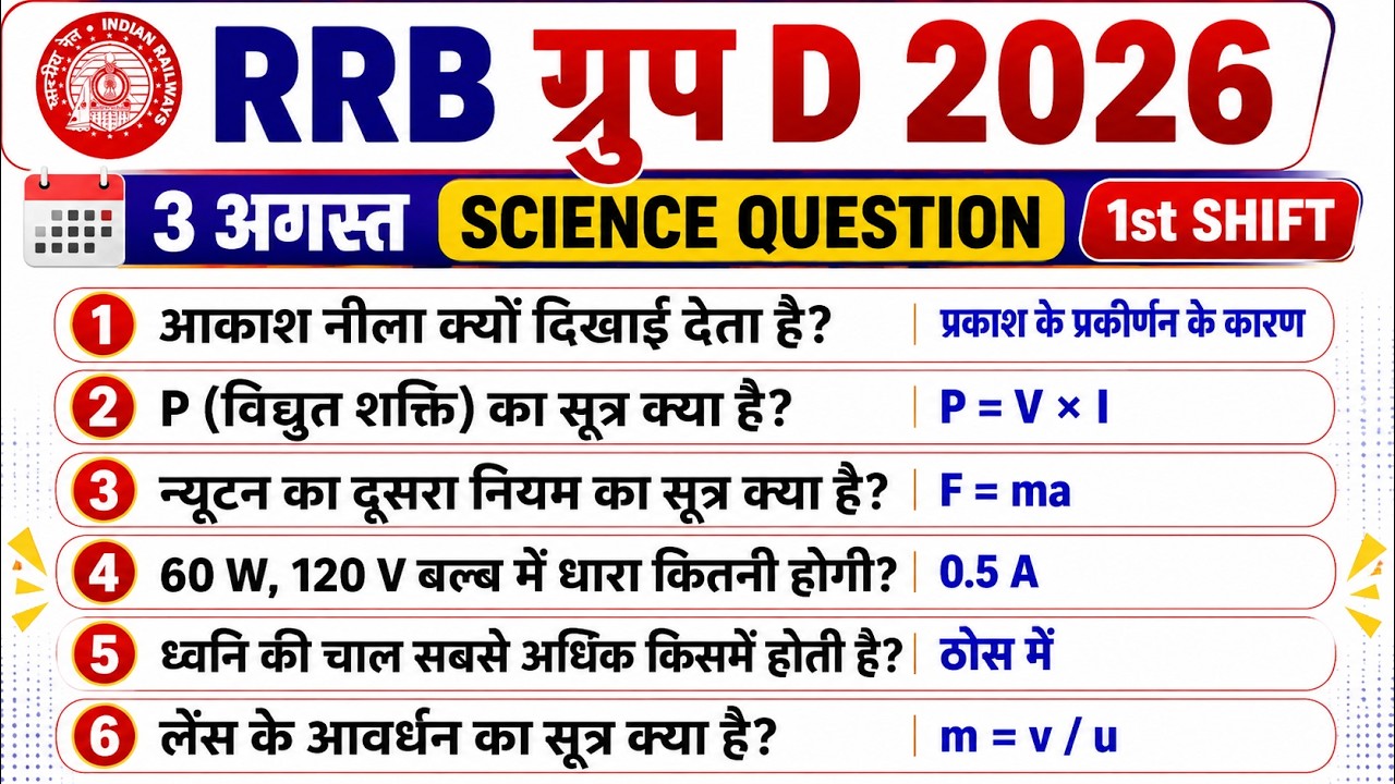 RRB Group D 2026 | August 3rd 1st Shift Science Questions | Questions Asked in Today's Exam | Mem...