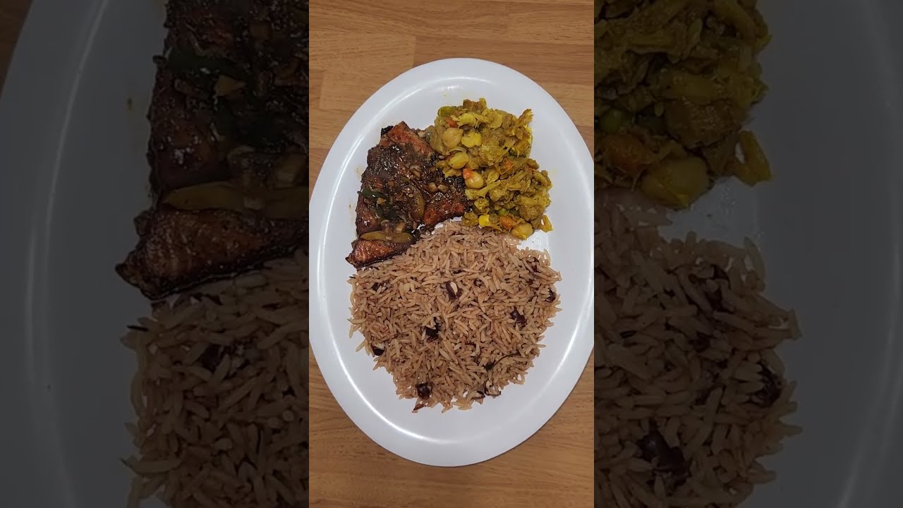 HONEY GARLIC SALMON SERVED WITH RICE AND PEAS AND CURRY VEGGIE CHUNKS MIXED WITH SALTFISH AND CHICKP