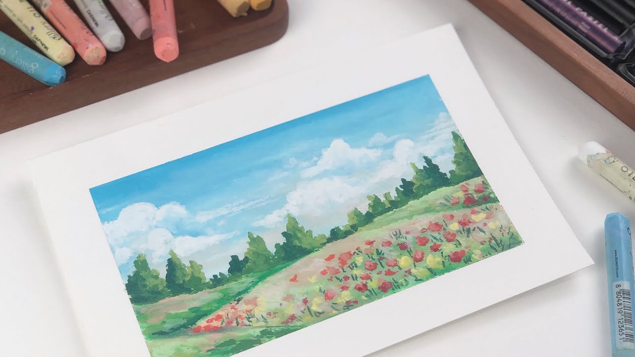 Menggambar taman bunga estetik dengan crayon oil pastel! 💐🌹 - scenery drawing with oil pastel