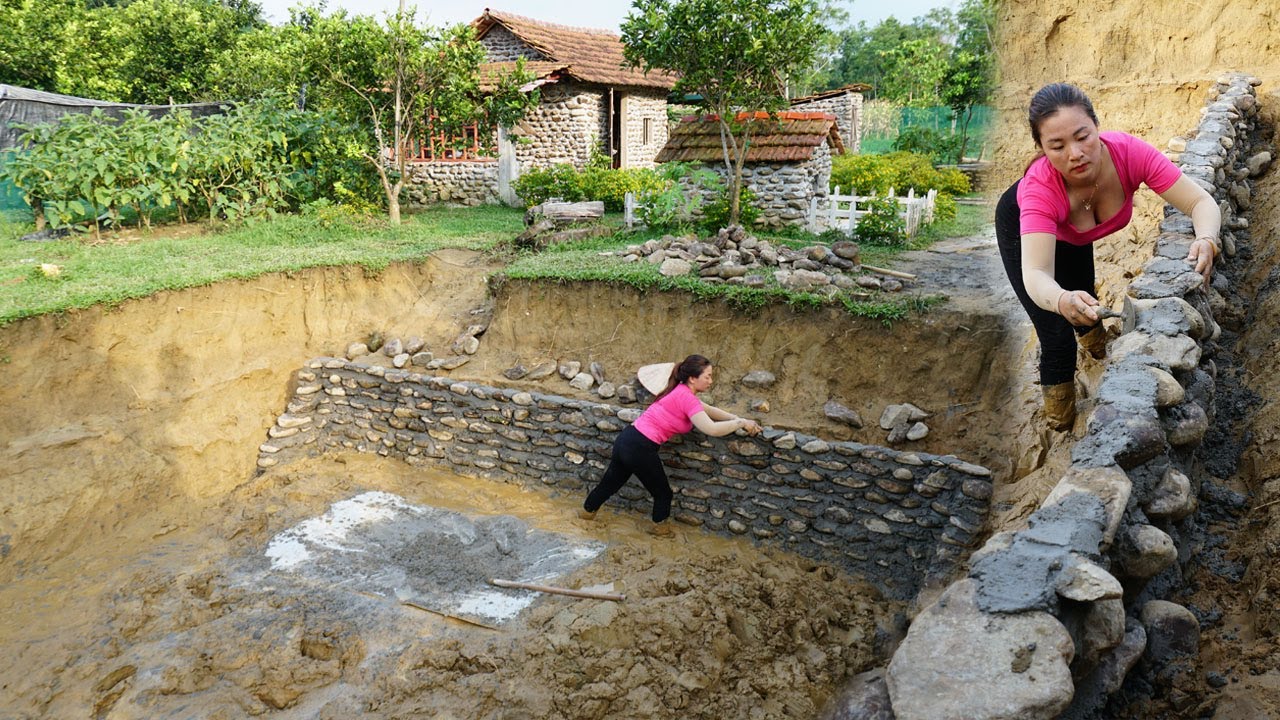 Girl Living the island Off The Grid Built Fish Pond - Build Pond Wall with Stone and Cement
