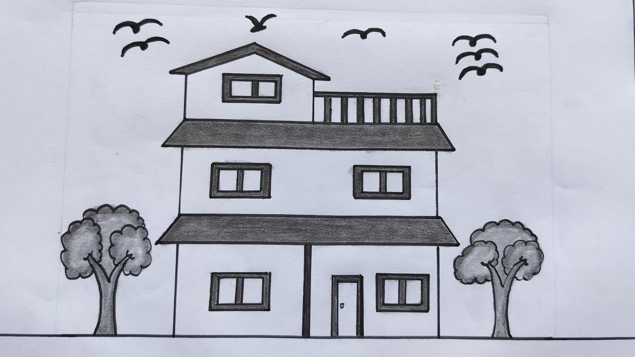 beautiful building house drawing / how to draw a beautiful house/ Ghar ka chirt / pencil drawing