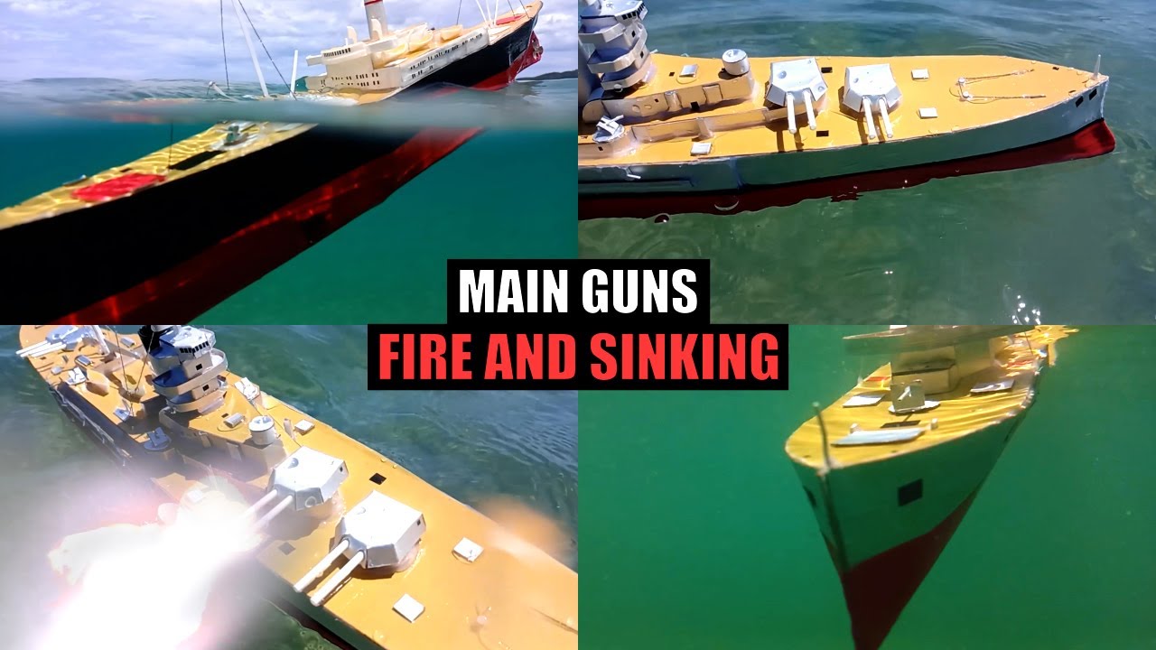 Cardboard ship sinking, model of battleship HMS Royal Oak shoots down convoy ship models