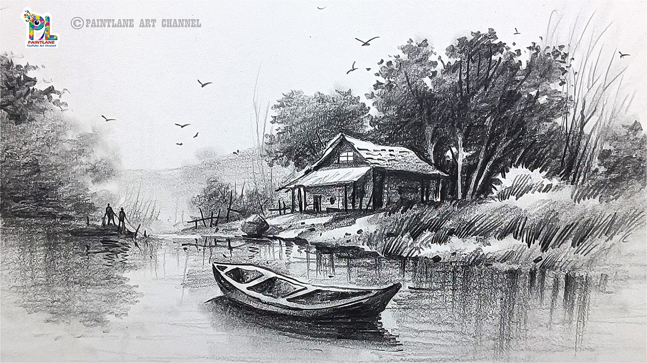 Calm Riverside Village Drawing | Boat Landscape Pencil Sketch Step by Step