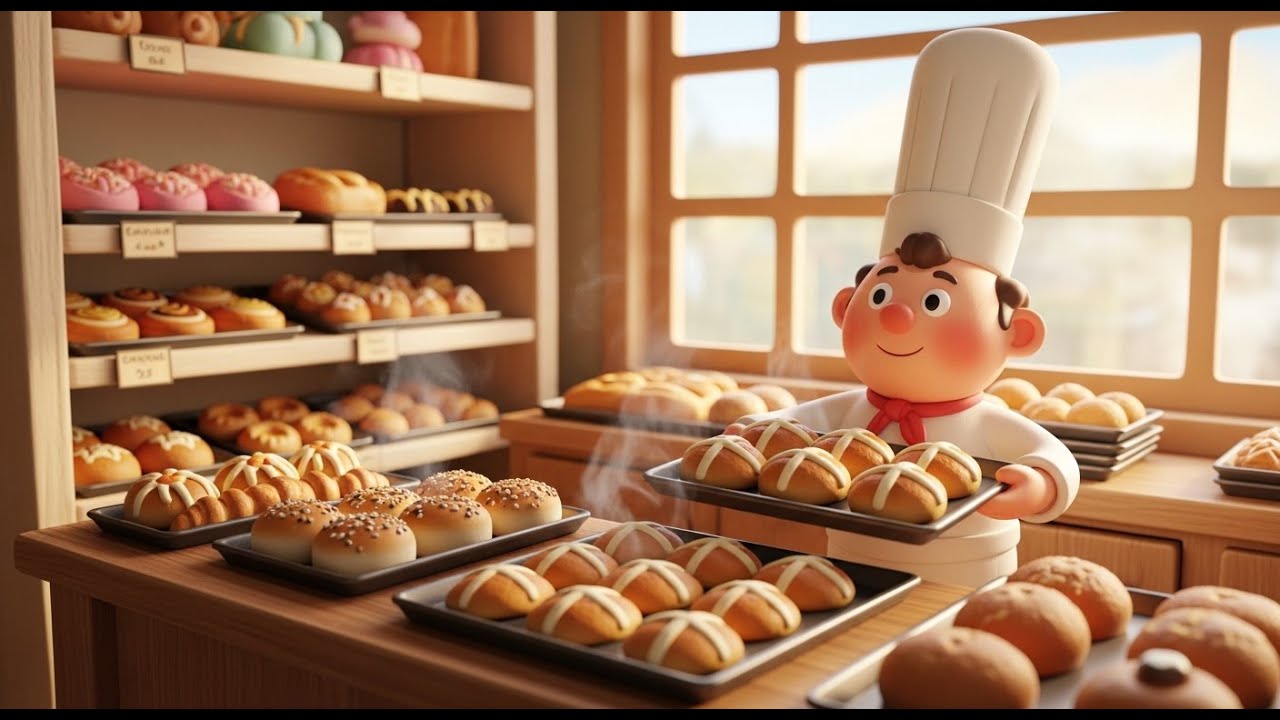 Горячие булочки с крестом 🍞 | Веселая детская песенка | Милая 3D-анимация