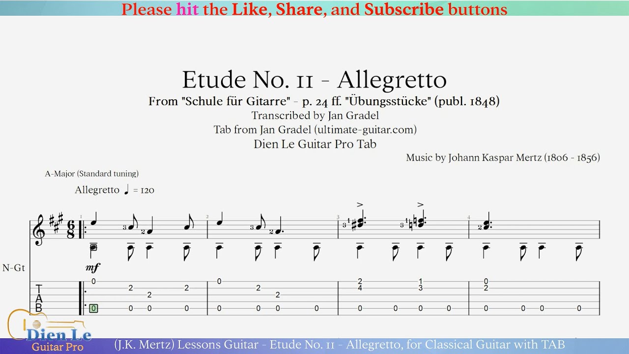 (J.K. Mertz) Lessons Guitar - Etude No. 11 - Allegretto, for Classical Guitar with TAB