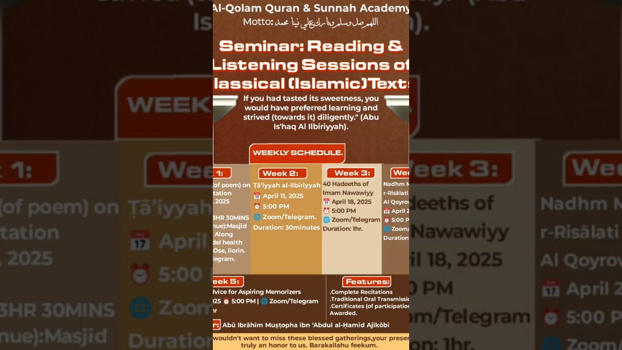 5 weeks seminar on transmission and recitation of classical Islamic texts