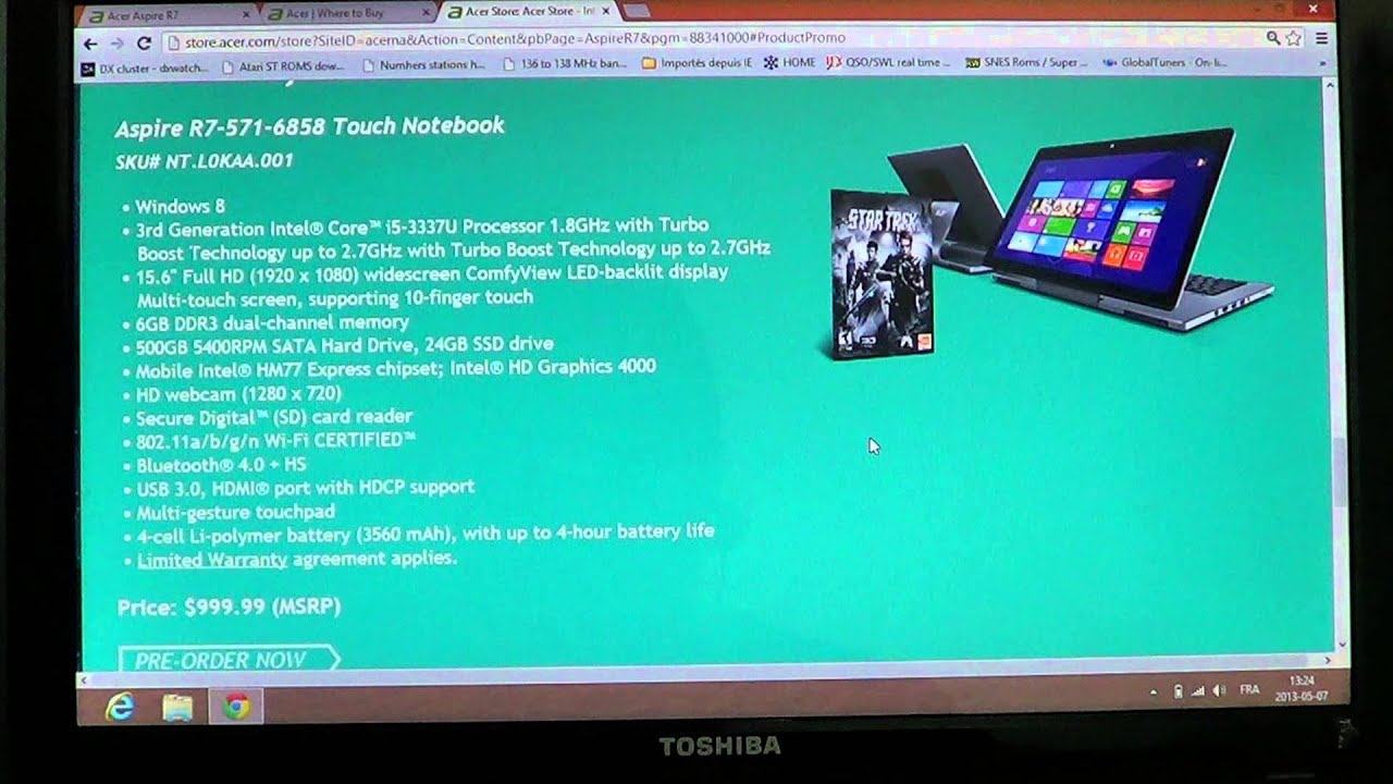 Windows 8  Look and quick review of Acer Aspire R7 -571 notebook and touch screen tablet core I5