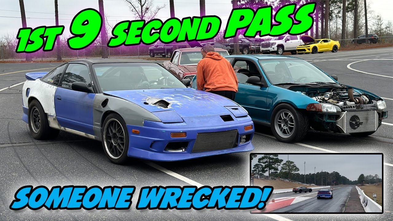 Ran my 1st 9 sec pass in my LS powered Turbo 240sx at Fayetteville Dragway NC. But someone Wrecked..