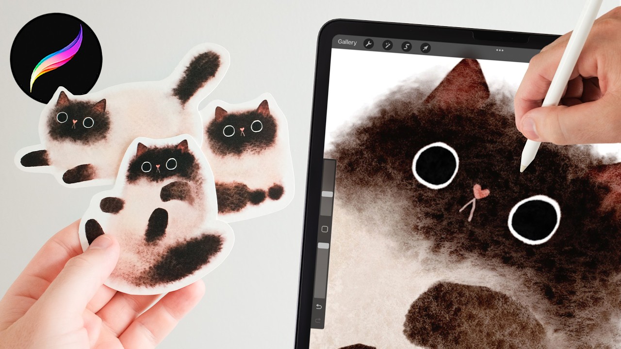 Как рисовать милых пушистых кошек акварелью в Procreate, реалистичные техники смешивания акварель...
