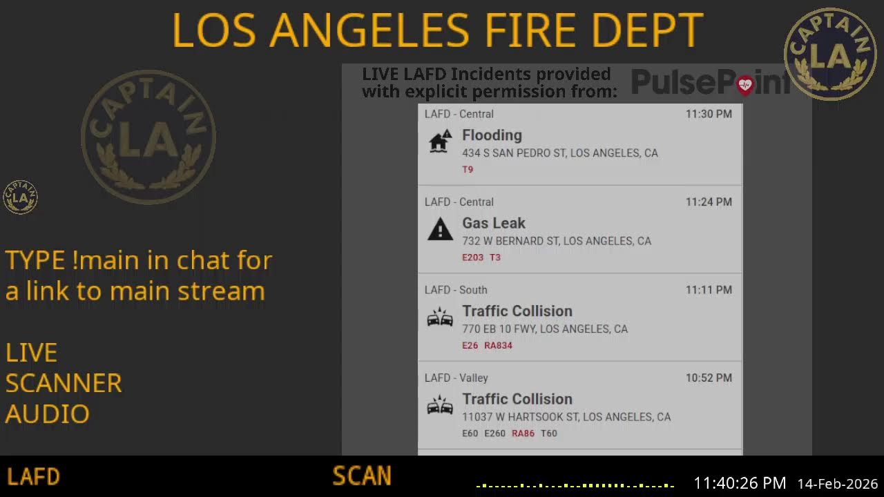 LAFD - *LIVE* Los Angeles Fire Department SCANNER Radio // FIRE & EMS // 14-Feb-2026 // LA CAPTAIN