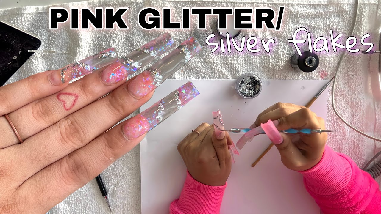 PINK GLITTER | SILVER FLAKE ACRYLIC NAILS **BEGINNER FRIENDLY** | Vanessa Lynn