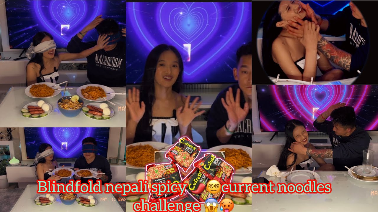 Blindfold nepali  spicy 🌶️🥵current noodles challenge with my husband 🥱|| jhapad hannu khojcha ta 🙄