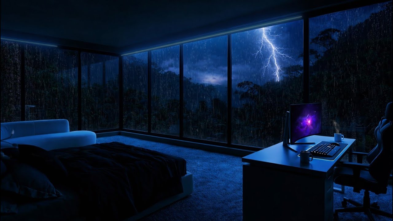 Loud Thunder in Forest Cabin with Shadowed Forest Landscape to Ease Insomnia