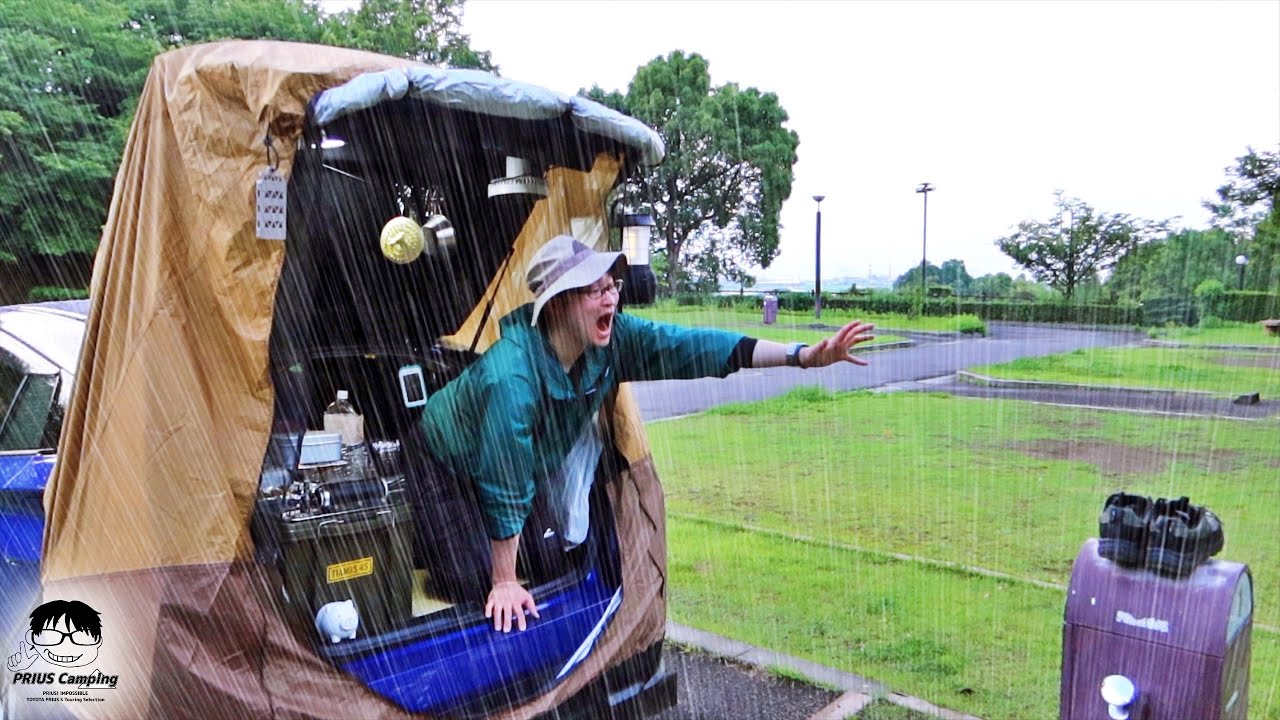 【車中泊  雨キャンプ】 突然のゲリラ豪雨キャンプ 今治名物“串のない”焼き鳥を作る