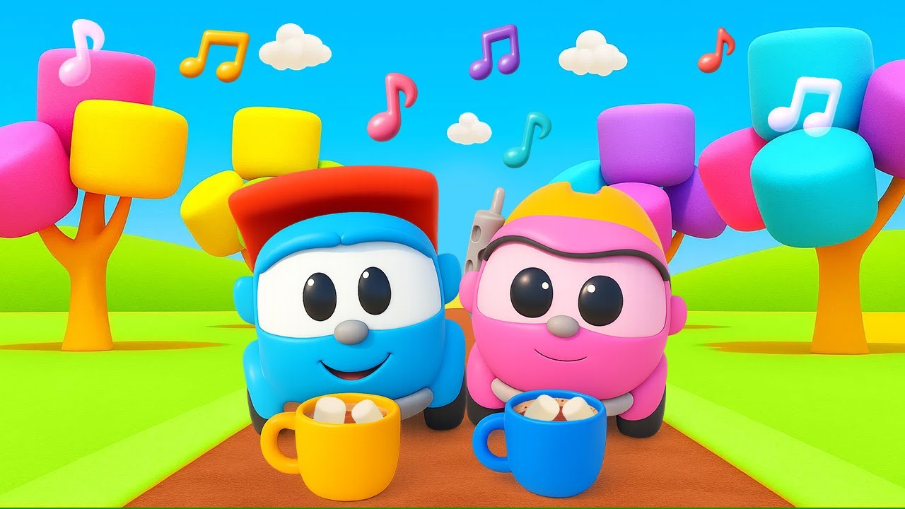 Leo the Truck and his friends sing a song about marshmallows, and the robots dance a cheerful dance.