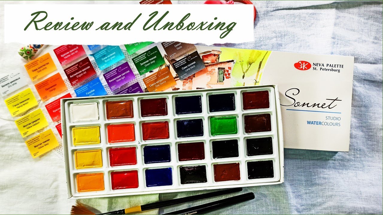 Unboxing and Review of Nevskaya Palitra St. Petersburg Sonnet Watercolours 24 set in cardboard box