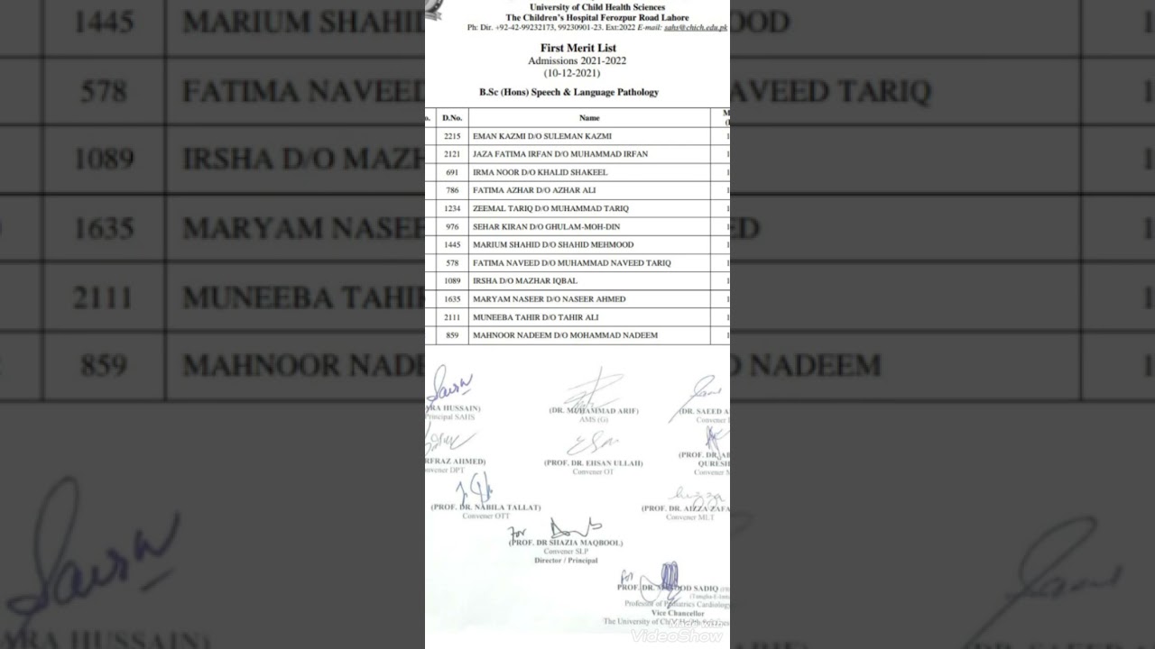 1st merit list of applied health scinces children hospital and child health scinces lahore