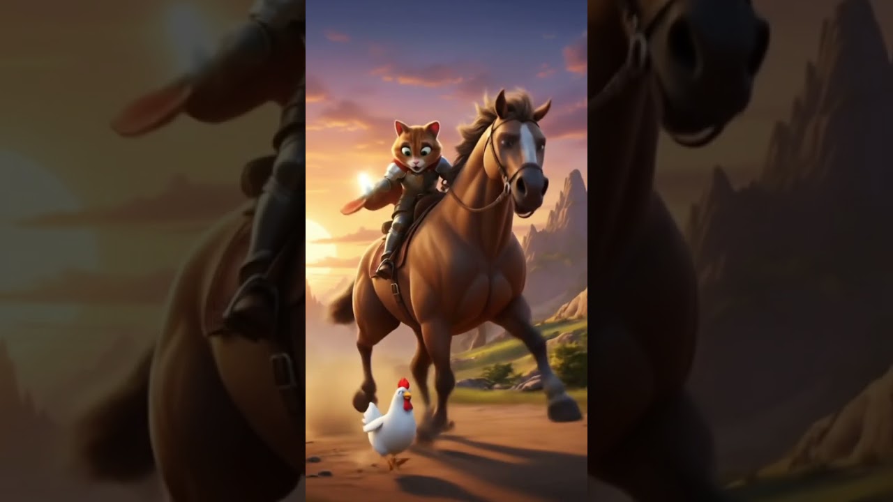 A brave cat riding a giant powerful horse 