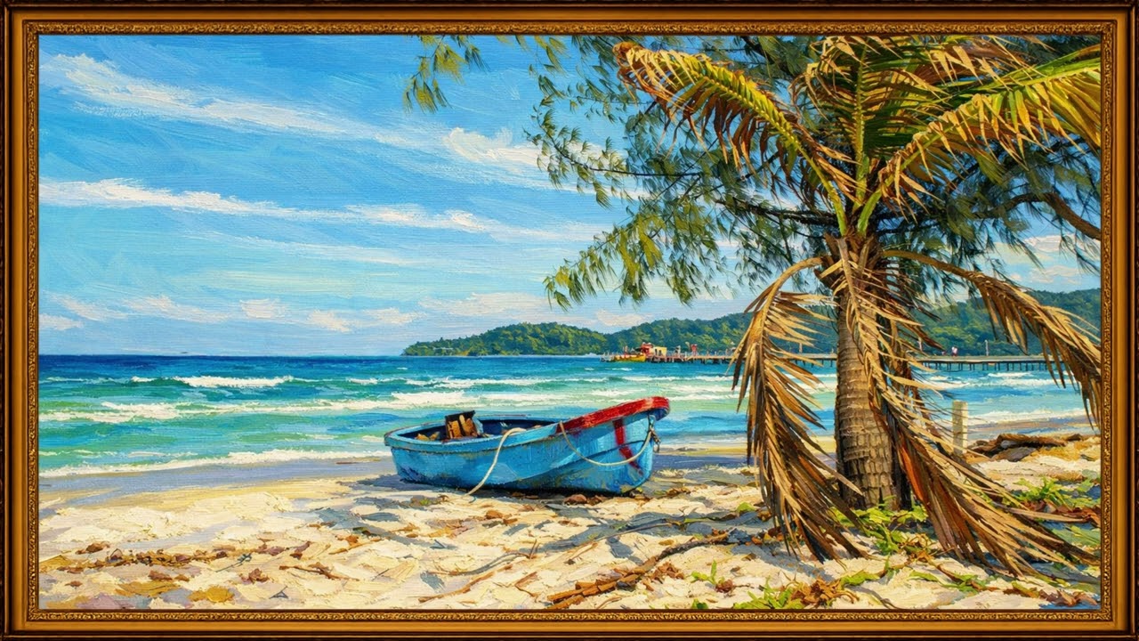 Serene Beach Escape 🌴 Blue Boat, Palm Trees & Gentle Waves| 4K Framed TV Art Screensaver