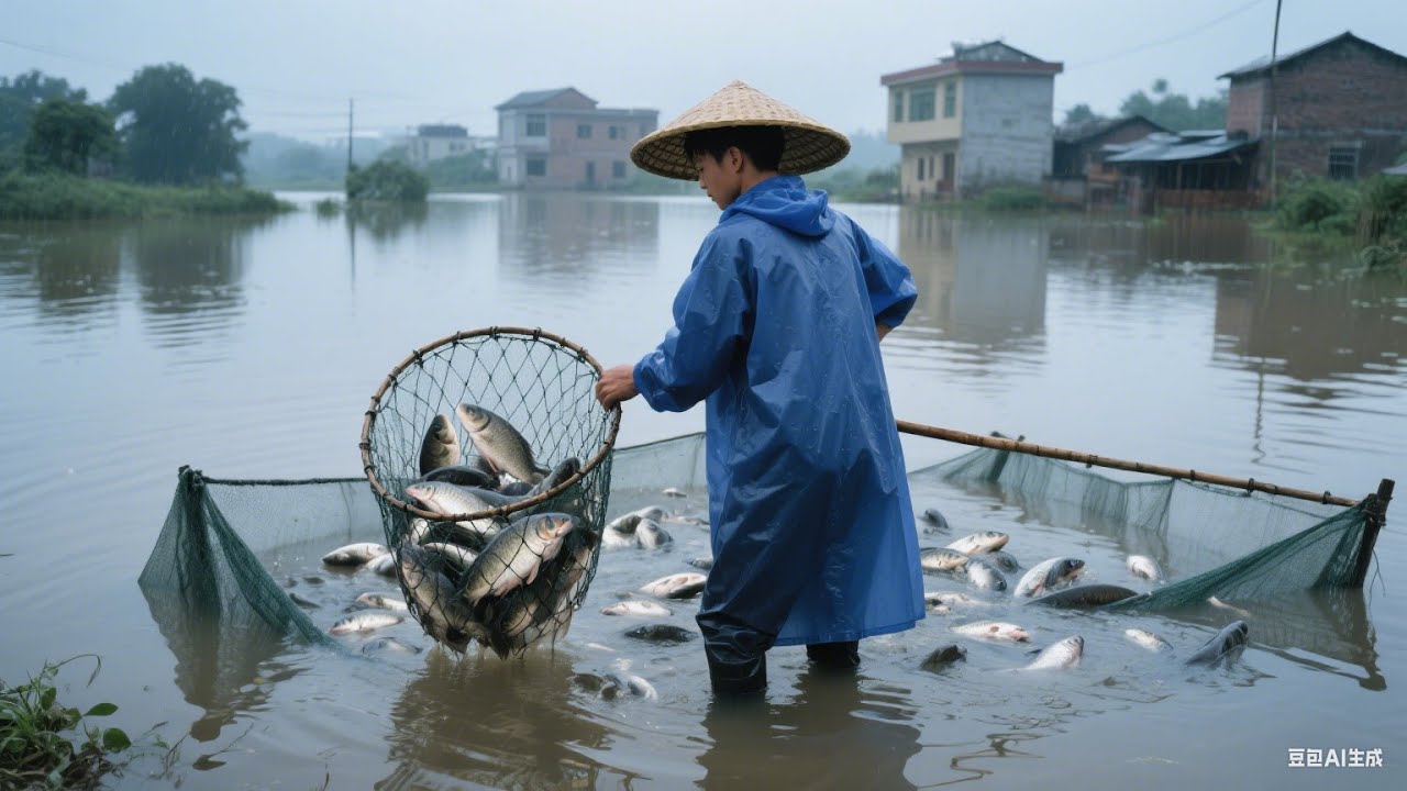 发洪水导致水库泄洪偷跑出好多鱼，阿琪这样抓鱼真给力，收获满满