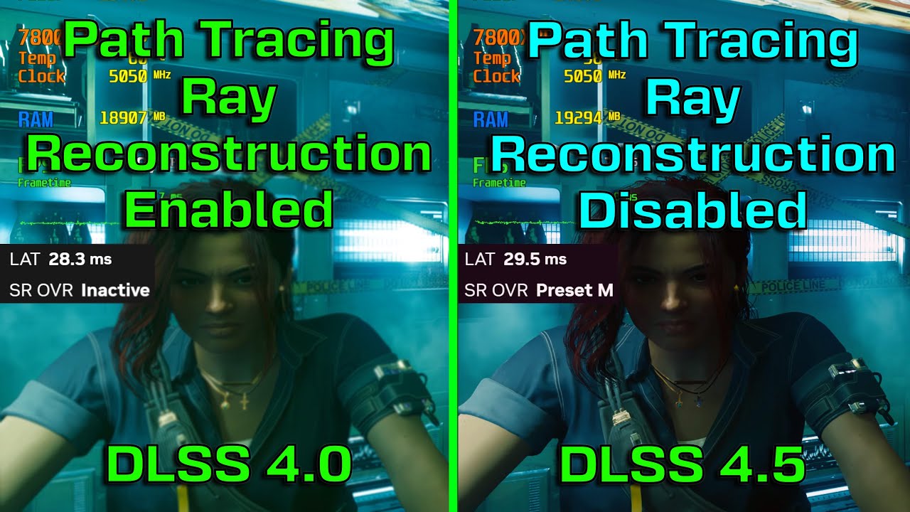 Path Tracing Ray Reconstruction On vs Path Tracing Ray Reconstruction Off DLSS4.5 Cyberpunk