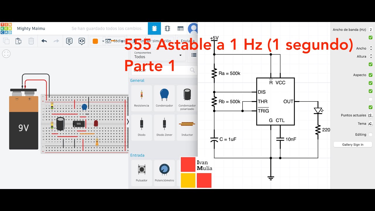 555 Astable en Tinkercad y iCircuit. Simulación Protoboard. Parte 1