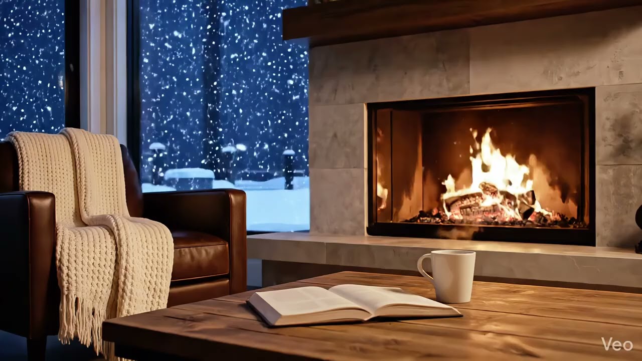 1 Hour Cozy Winter Cabin Fireplace 🔥❄️ Relaxing Snowfall Ambience (Seamless Loop 4K)
