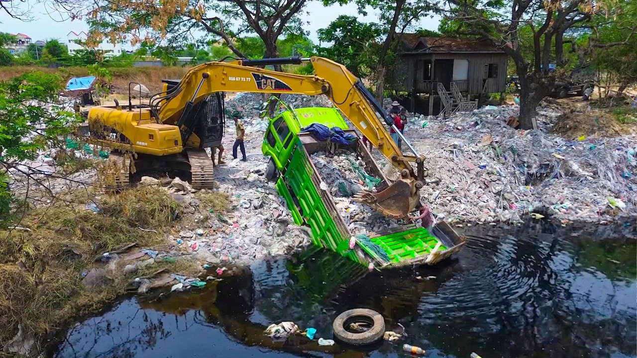 Complex Rescue Operation! Excavator & Bulldozer Rescue 5 Ton Dump Truck Stuck in a Trash Pond