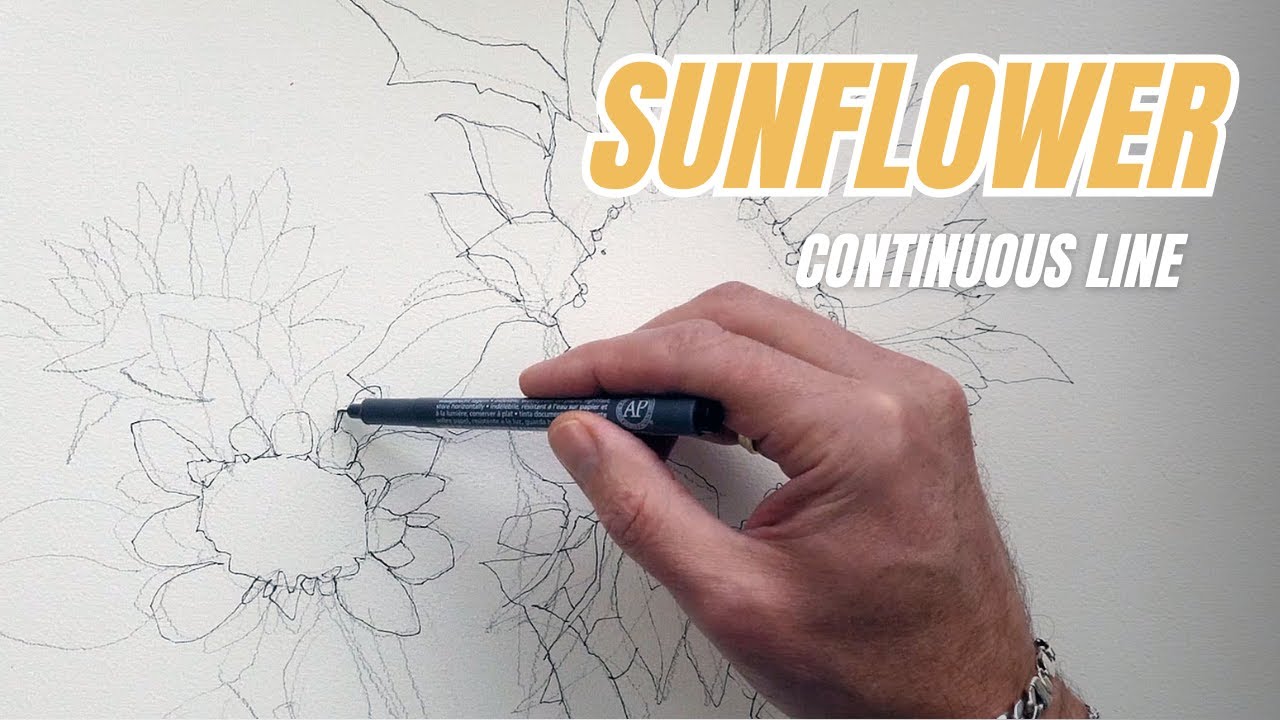 Continuous line drawing a sunflower in tombow brush pens