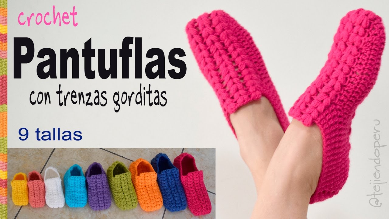 Zapatos o pantuflas UNISEX con trenzas gorditas a crochet en 9 tallas - Tejiendo Perú