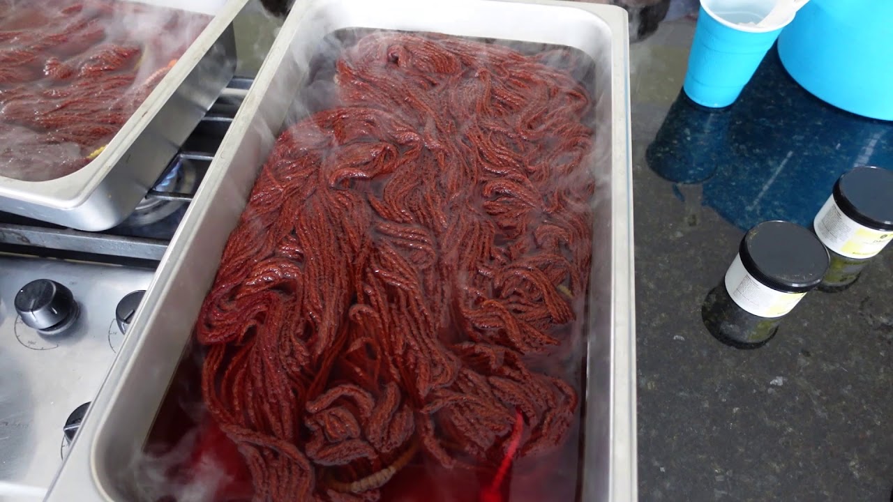 Over-dying fawn alpaca/merino yarn and brown alpaca yarn with Dharma Acid Dyes.