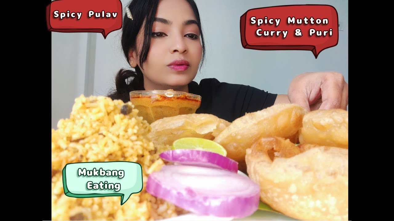 Spicy Mutton Puri Mukbang | Spicy Pulao | Salad Food Eating