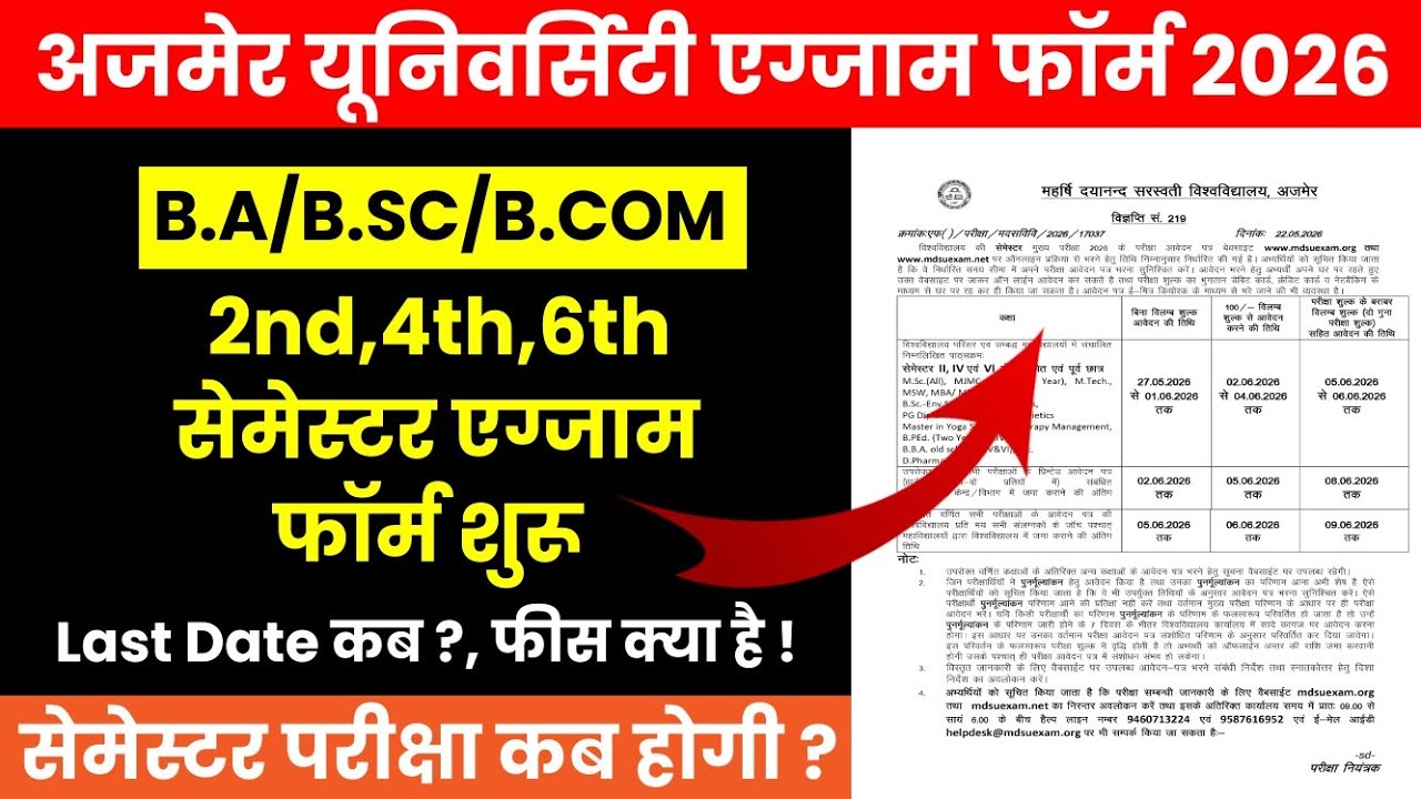 MDSU UG 2nd 4th 6th Semester एग्जाम फॉर्म 2026 Start | MDSU B.A B.SC Exam Form Last Date, Fees 2026